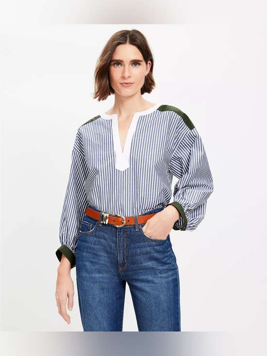 LOFT Tops - Ann Taylor‎ LOFT Striped Colorblock Poplin Bishop Sleeve Blouse Preppy Coastal L